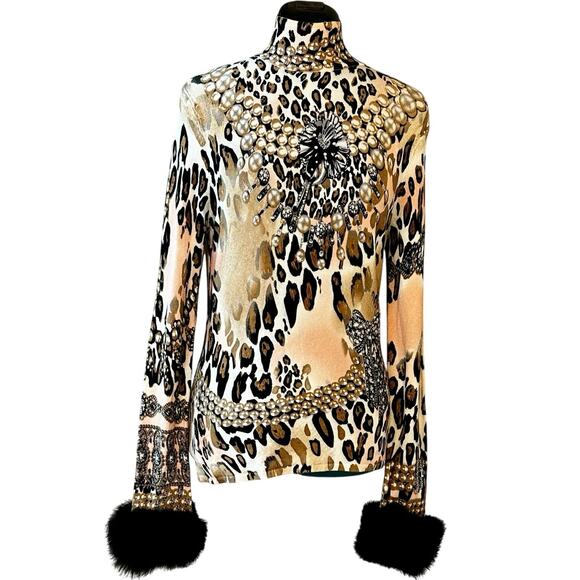Boston Proper Leopard Mock Neck Top Faux Fur Cuffs Sweater Women’s M | Fall - Picture 3 of 6